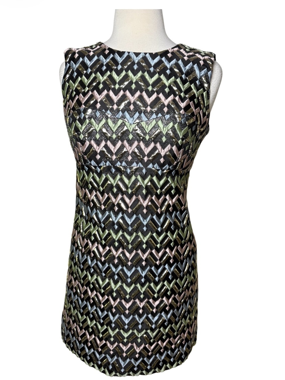 Milly Runway Couture Sleeveless Chevron Metallic Shift Dress in Black-Size 4